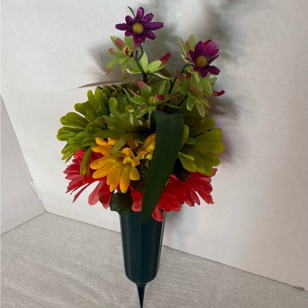 Colorful Faux Floral Grave Spray in Red, Yellow, Green & Purple